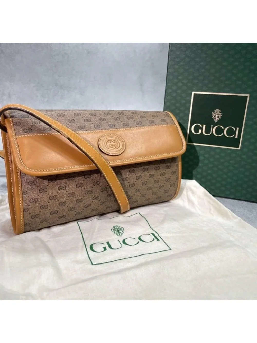 Gucci GG Shoulder Bag Brown Beige Logo Leather